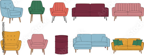 Sofa and armchair collection vector set. Modern upholstered seating in colorful styles. Living room furniture illustrations isolated on light background for interior design.