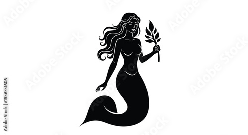 Black silhouette of a mermaid holding a leaf on a isolated on white background