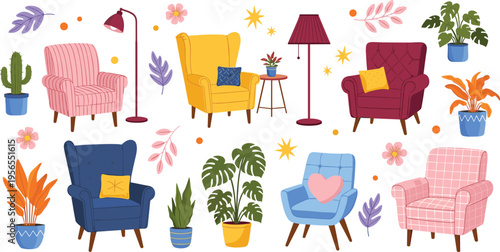 Cozy armchair and home decor vector set. Colorful lounge chairs with plants and lamps. Modern living room furniture illustration isolated on light background.