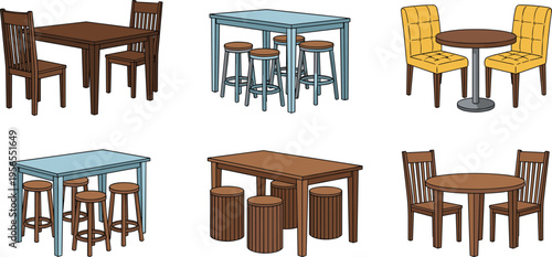 Dining table and chair set vector collection. Various modern and classic furniture combinations. Kitchen and cafe seating illustrations isolated on light background.