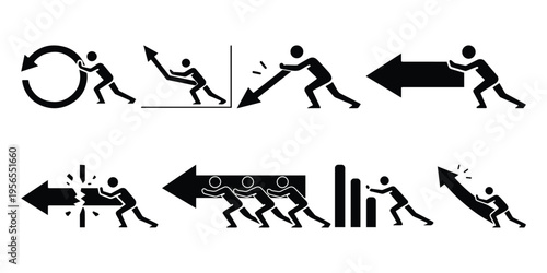 Stick Figure Business Concept Icons Set, People Pushing Arrows for Success, Growth, and Problem Solving Metaphors