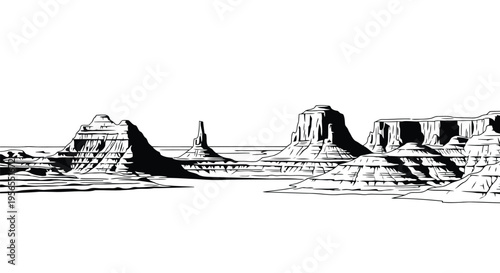 Black silhouette landscape illustration of desert rock formations isolated on white background