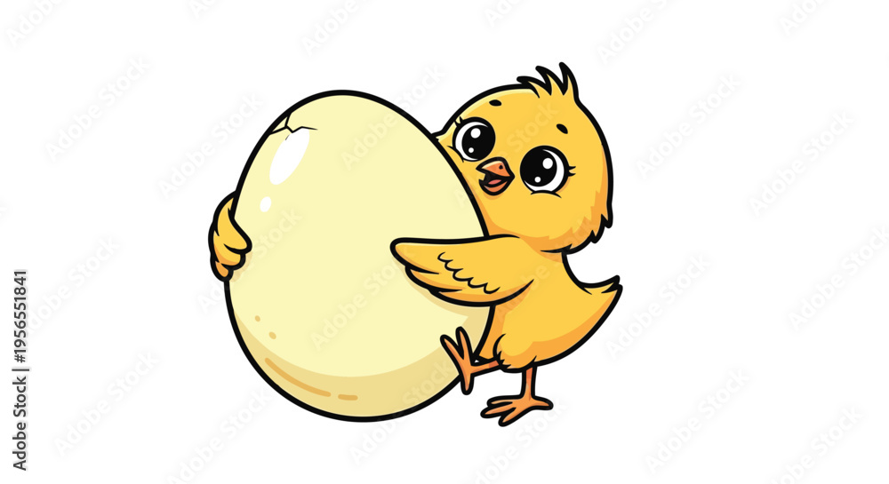 Fototapeta premium Cartoon chick holding large egg flat illustration isolated on white background