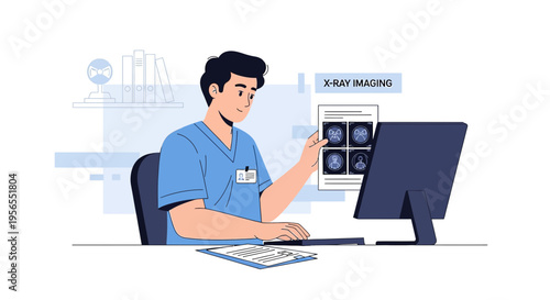 Doctor Analyzing Brain X-Ray Images on Computer Screen in Medical Office