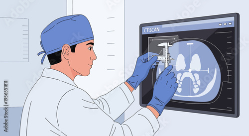 Doctor analyzing CT scan image on screen, medical diagnosis, healthcare professional