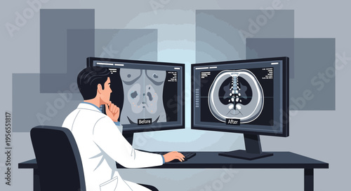 Doctor analyzing CT scan images on dual monitors, medical technology, healthcare diagnosis
