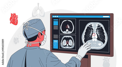 Doctor analyzing CT scan of lungs and heart on computer screen, medical illustration