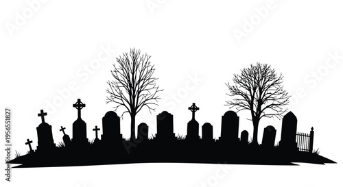 Black silhouette of a cemetery with gravestones and trees on a isolated on white background