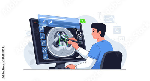 Doctor analyzing CT scan on computer screen, medical technology, digital healthcare, diagnostic imaging
