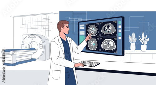 Doctor analyzing CT scan results on screen next to MRI machine in modern clinic
