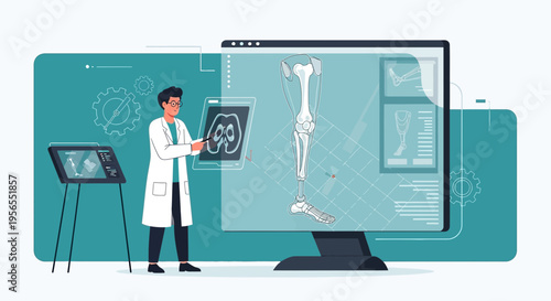 Doctor analyzing futuristic holographic leg scan and X-ray on digital screen