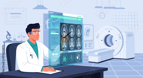 Doctor analyzing brain MRI scan on futuristic holographic display with CT scanner in background
