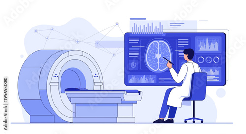 Doctor analyzing brain MRI scan on futuristic screen next to MRI machine