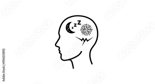 Black silhouette of a human head with a moon, zzz symbols, and a spider web inside, against a , minimalist flat design isolated on white background