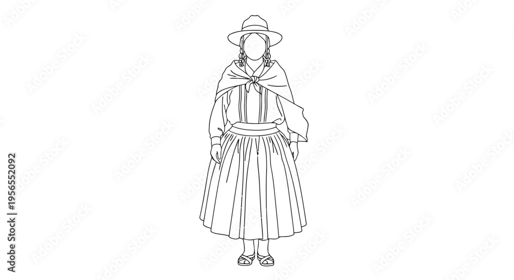 Fototapeta premium Woman wearing traditional dress and hat standing alone in flat line art style isolated on white background