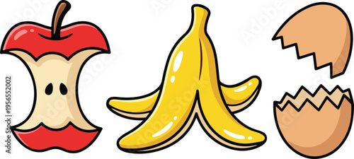 Food Scraps Including Red Apple Core, Yellow Banana Peel and Brown Eggshells, Simple Cartoon Style vector illustration
