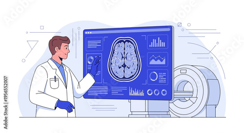 Doctor analyzing brain scan on futuristic monitor with MRI machine background