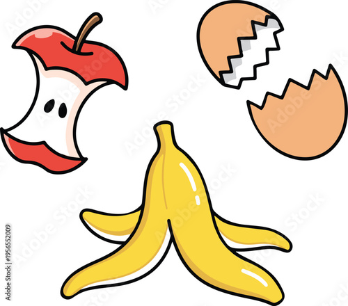 Cute Food Scraps Collection with Apple Core, Banana Peel and Eggshells, Simple Cartoon Style vector illustration
