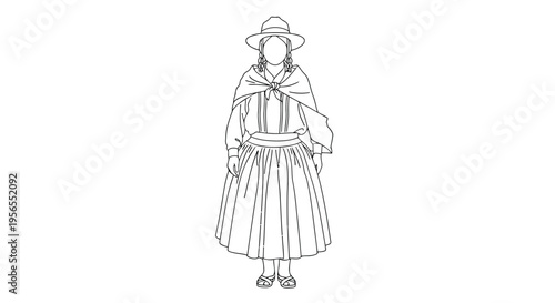 Woman wearing traditional dress and hat standing alone in flat line art style isolated on white background