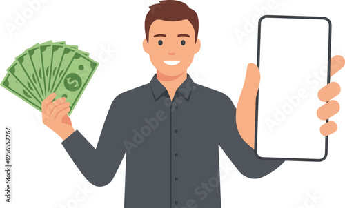 Man Holding Fanned Cash Dollar Bills and Smartphone with Blank White Screen, Happy Flat Cartoon Style vector illustration
