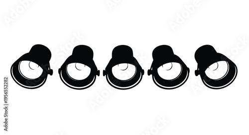 Four black spotlight silhouettes in a row isolated on white background
