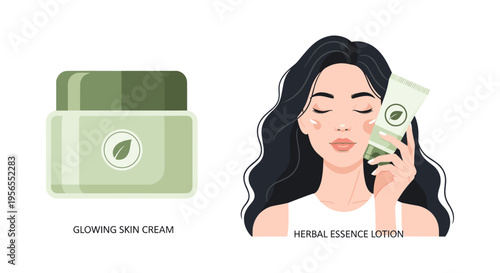 Woman applying glowing skin cream with herbal essence lotion in soft natural lighting for skincare advertising