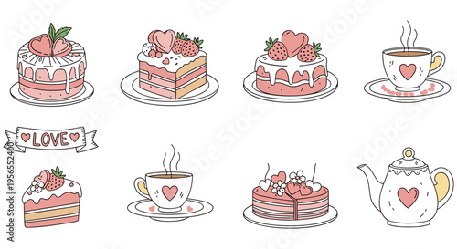 Colorful heart shaped desserts and tea set in cute cartoon style with bright vibrant colors on white background for Valentines Day