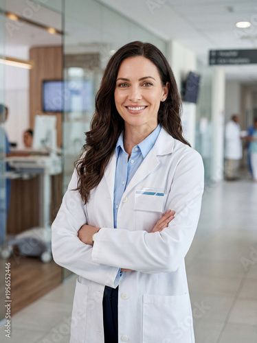 Doctor at the hospital. Portrait of a middle-aged woman in a white medical coat