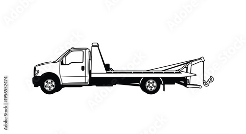 Flat illustration of a white flatbed tow truck silhouette isolated on white background