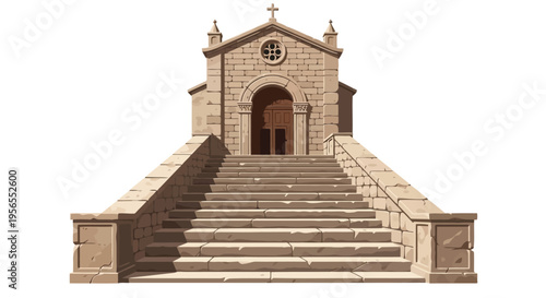 3D render of a beige stone church with a large staircase and cross on top isolated on white background