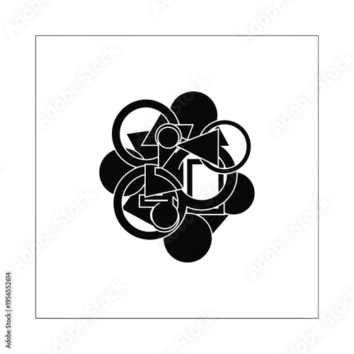 Abstract geometric design with overlapping black and white shapes, circles, squares, and lines on a white background