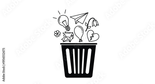 Black trash can with various objects including light bulb, paper airplane, and broken heart emerging from it in a isolated on white background