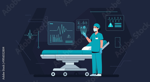 Surgeon using futuristic interface with medical data and vital signs monitor in operating room