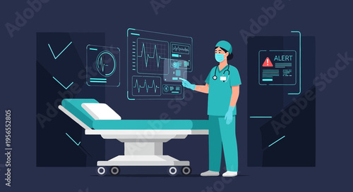 Surgeon using futuristic interface with vital signs monitor and alert in operating room