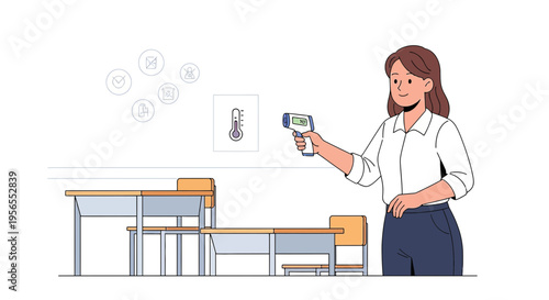 Teacher checks student temperature with infrared thermometer in classroom, back to school health