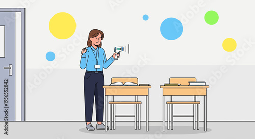 Teacher checks student temperature with infrared thermometer in classroom, back to school