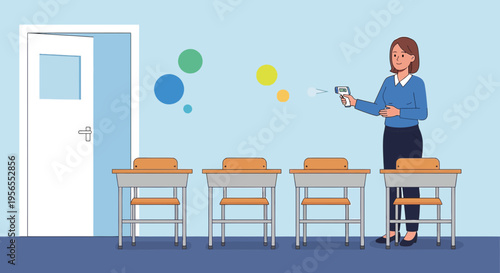 Teacher using smartphone for online class in empty classroom, social distancing