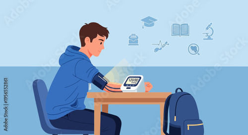 Teenager measuring blood pressure at desk with educational symbols, health monitoring concept