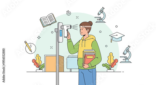 Student temperature check at school entrance with thermometer, education concept