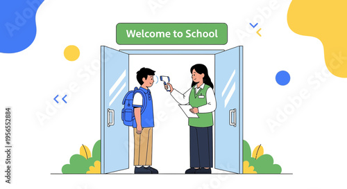 Student temperature check at school entrance, welcome back to school concept