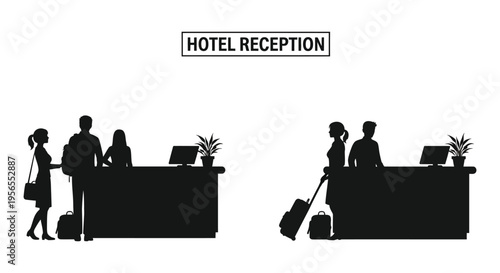 Hotel reception desk with guests and staff in black silhouette