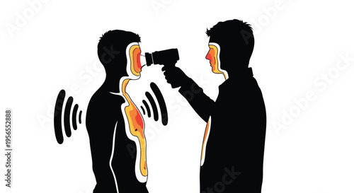 Silhouette of doctor using thermometer on patient in medical setting flat design isolated on white background