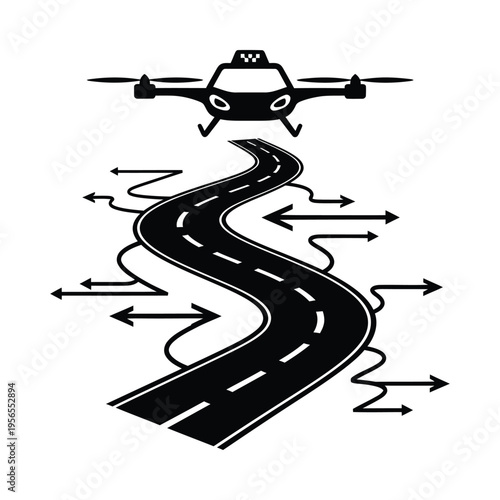 Modern drone flying over a winding road with arrows indicating direction, black and white illustration