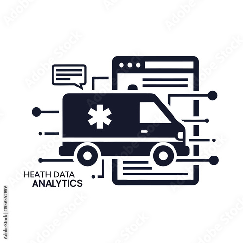 Modern ambulance van with health data analytics concept, digital interface, and medical symbols in monochrome