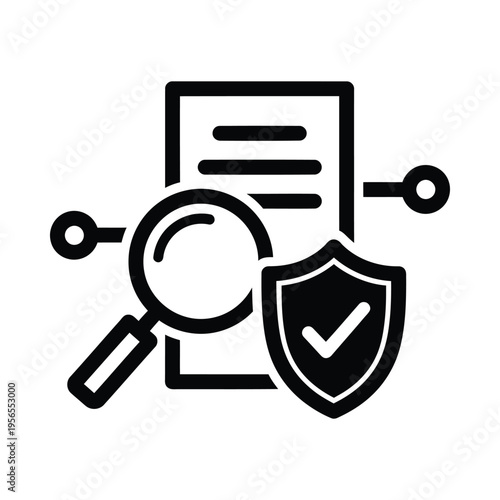 Magnifying glass inspecting document with shield icon, symbolizing security and verification process