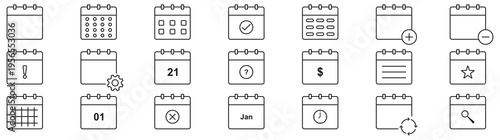 modern linear calendar and date icon set. vector thin line outline symbols for app and web interfaces. minimal stroke collection including date, calendar, date, calendar