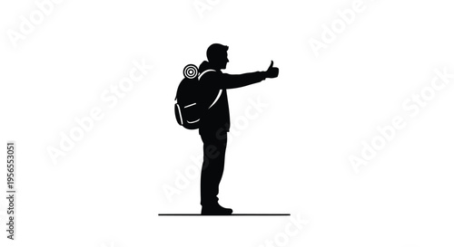Man silhouette with backpack giving thumbs up isolated on white background