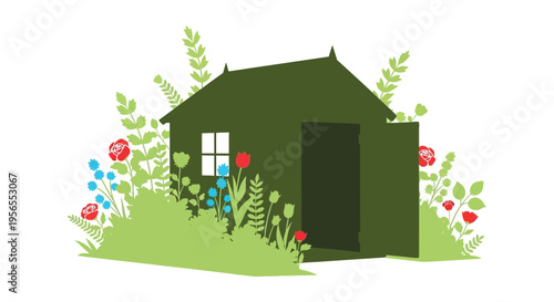 Charming green house with vibrant flowers a flat design silhouette
