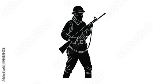 Soldier holding rifle in black silhouette style isolated on white background