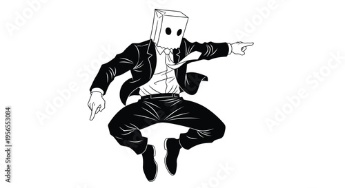 Man in suit with cardboard box on head jumping and pointing isolated on white background